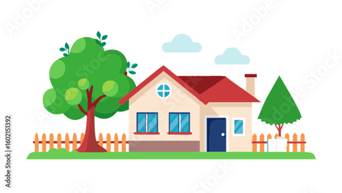 Illustration of a house with garden trees and fence for real estate property and home design concepts vector