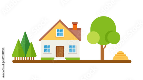 Illustration of a house with trees and hay stack for real estate and home design projects and presentations
