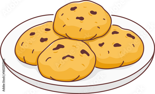 Illustration of Chocolate Chip Cookies on Plate