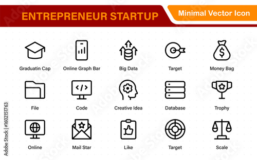 Entrepreneur Startup Icon Set. Minimal Thin Line Symbols for Digital Products, Finance, and Innovation. Editable Vector Icons for Designers.