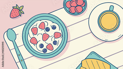 Healthy breakfast food bowl with strawberry and blueberry vector illustration, oatmeal and coffee cup set