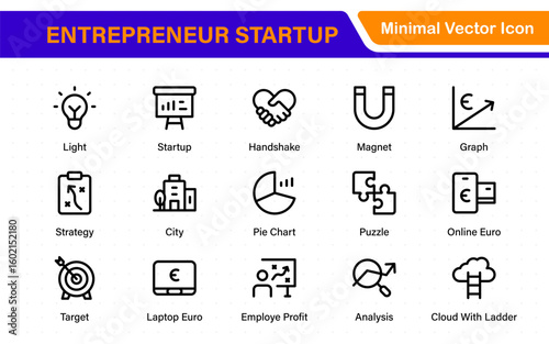 Entrepreneur Startup Icon Set. Minimal Thin Line Symbols for Digital Products, Finance, and Innovation. Editable Vector Icons for Designers.
