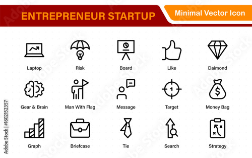 Entrepreneur Startup Icon Set. Minimal Thin Line Symbols for Digital Products, Finance, and Innovation. Editable Vector Icons for Designers.
