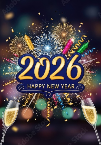 Happy new year 2026 celebration background with sparklers and champagne glasses, confetti, ribbon for greeting card, holiday event.