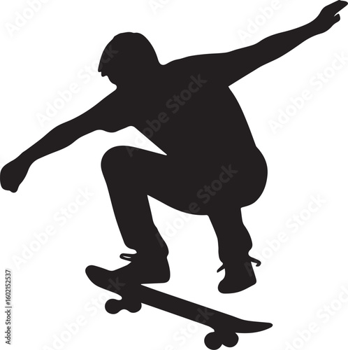 Black silhouette of a skateboarder performing a jump white