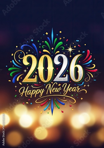 Happy new year 2026 celebration background with sparklers and champagne glasses, confetti, ribbon for greeting card, holiday event.