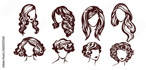 Hand drawn haircut. Female wig sketch. Womans long and short hairstyles. Girls beauty salon models. Coiffure with braid, ponytail and bun. Vector hairdo pencil drawing isolated set