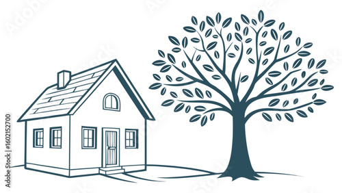 Illustration of house with tree drawing vector design for real estate and home improvement projects design element