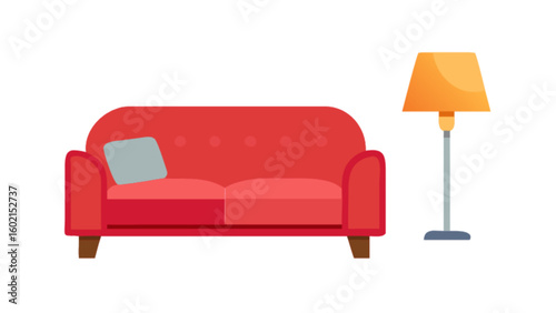 Illustration of red sofa couch with pillow and lamp for living room furniture decor and interior design