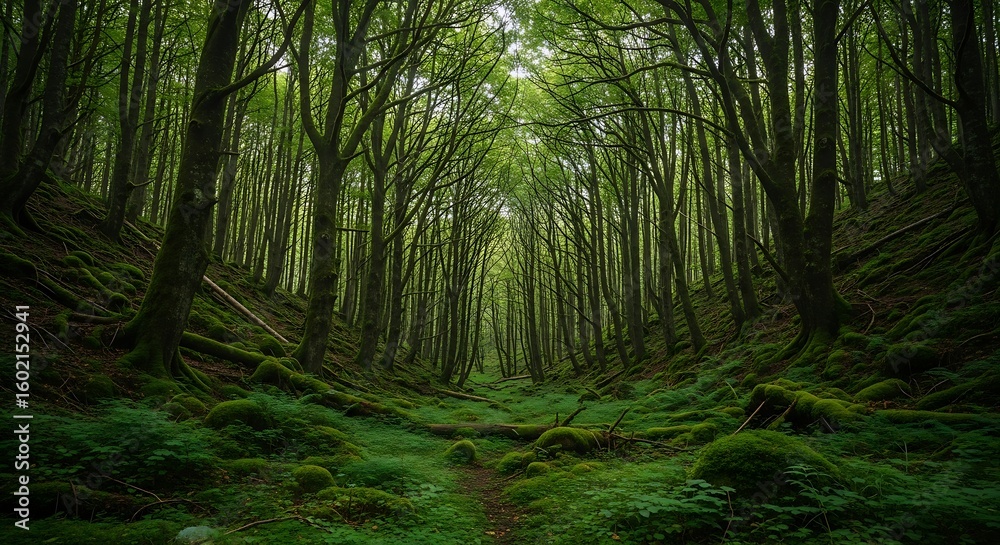 Obraz premium Lush Green Forest Path: A Serene Journey Through a Mossy Woodland Landscape