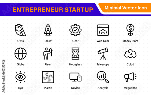 Entrepreneur Startup Icon Set. Minimal Thin Line Symbols for Digital Products, Finance, and Innovation. Editable Vector Icons for Designers.