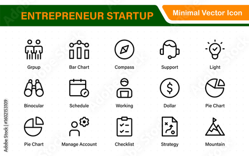 Entrepreneur Startup Icon Set. Minimal Thin Line Symbols for Digital Products, Finance, and Innovation. Editable Vector Icons for Designers.