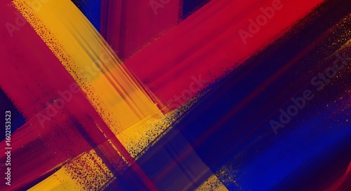 Vibrant abstract painting with bold brushstrokes in red yellow and blue colors