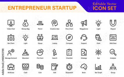 Entrepreneur Startup Icon Set. Minimal Thin Line Symbols for Digital Products, Finance, and Innovation. Editable Vector Icons for Designers.