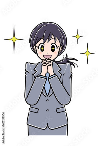 星目で期待の表情をするスーツのOLさん（上半身）