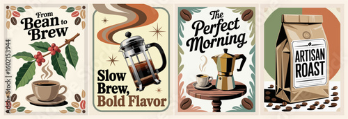 Set of retro coffee posters featuring vintage cups, espresso, french press, moka pots, and tools in mid-century modern style with bold fonts and warm colors. Stylish flat vector illustration