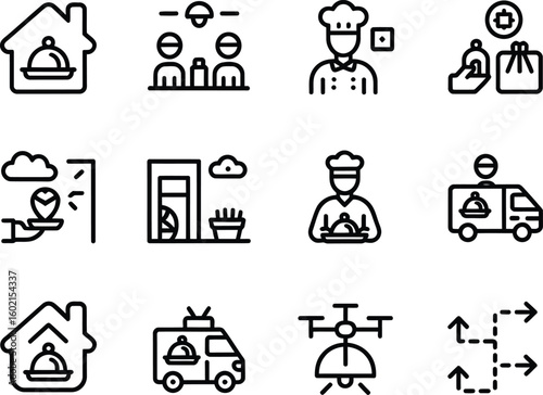 Collection of food delivery and restaurant service icons in outline style