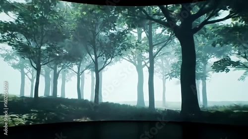 Digital rendering of a foggy forest with green trees, grass, and a misty background