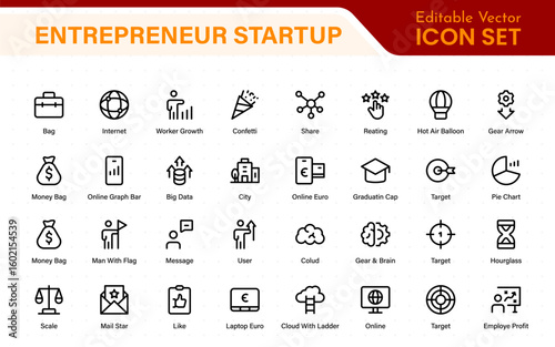 Entrepreneur Startup Icon Set. Minimal Thin Line Symbols for Digital Products, Finance, and Innovation. Editable Vector Icons for Designers.