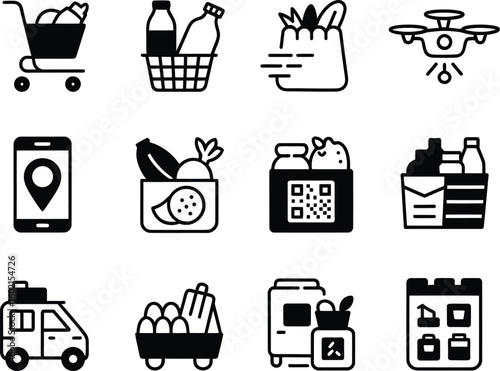 Grocery delivery and shopping icons set