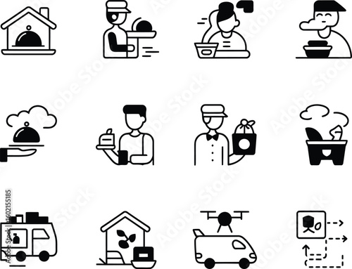 Delivery service icons representing food and package transport