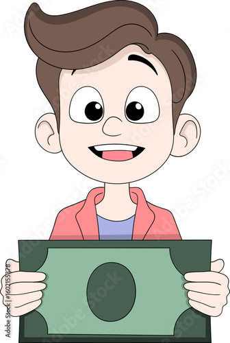 Happy Boy Holding Money Cartoon Illustration