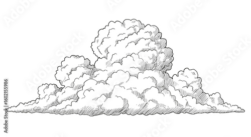 Hand drawn cloud with intricate details in black and white sketch styl