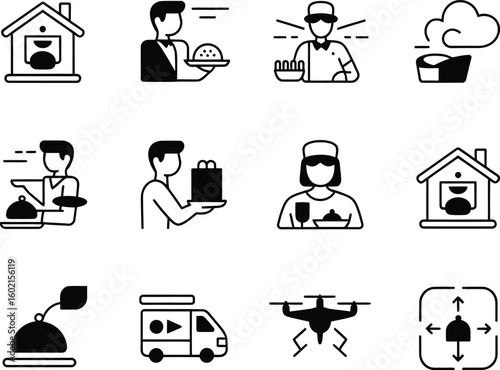 Delivery and service icons featuring food people and technology