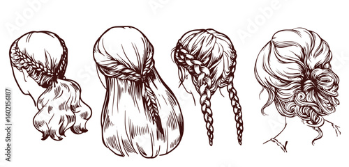 Hand drawn haircut. Female wig sketch. Womans long and short hairstyles. Girls beauty salon models. Coiffure with braid, ponytail and bun. Vector hairdo pencil drawing isolated set