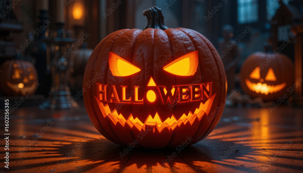 Fototapeta premium Spooky halloween pumpkin carvings cozy home photography festive atmosphere close-up view creative expression