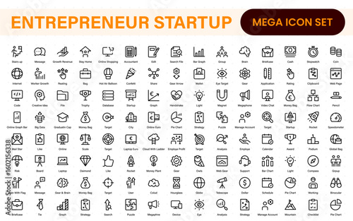 Entrepreneur Startup Icon Set. Minimal Thin Line Symbols for Digital Products, Finance, and Innovation. Editable Vector Icons for Designers.