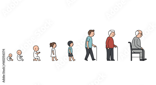 Life stages concept: from baby to elderly in linear cartoon style