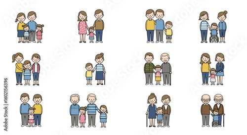 Diverse family portraits in cute cartoon style featuring different gen