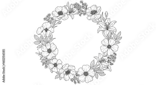 Elegant floral wreath with anemones and lilies in black and white line
