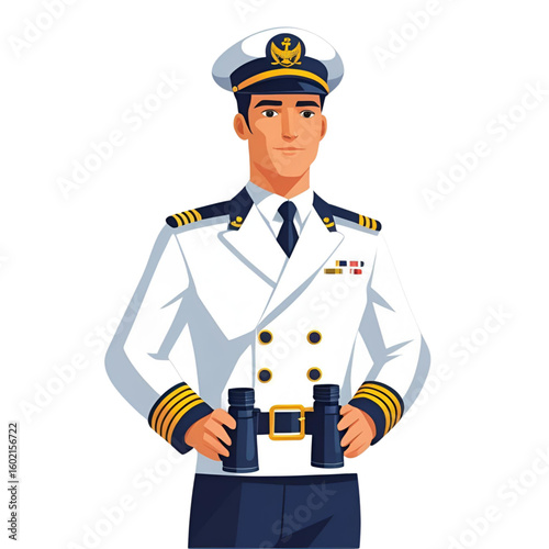 Navy officer in white uniform with binoculars vector illustration