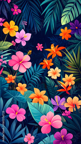 Vibrant Tropical Flowers with Lush Leaves.