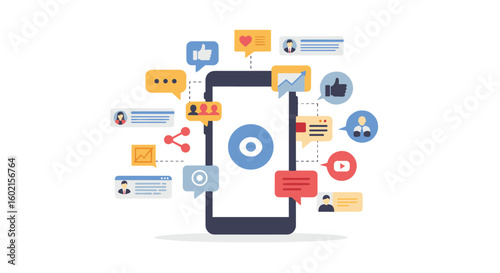 Social media app interface with vibrant chat and notification icons