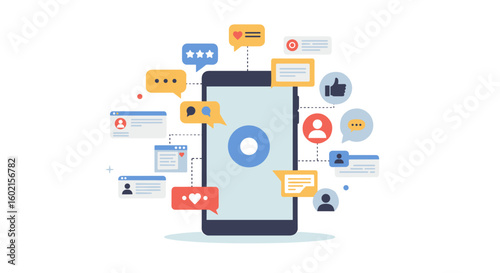 Social media engagement concept with chat bubbles and smartphone inter