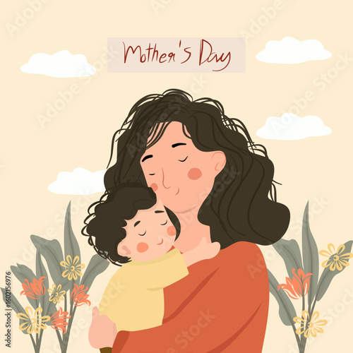 Mother hugs her baby with love. Mother's Day concept.