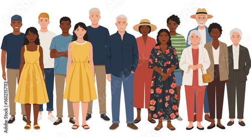 Diverse group of people standing together in flat design style