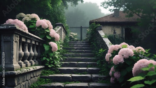 Misty garden stairway lined with pink hydrangeas and stone balustrade