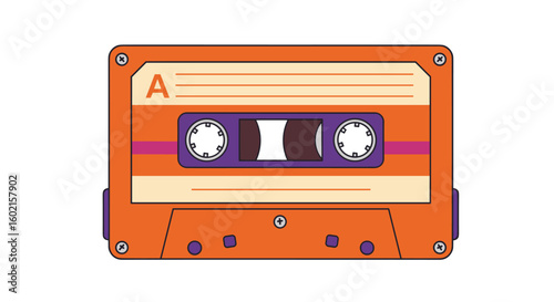 Retro orange cassette tape with vintage design and bold colors