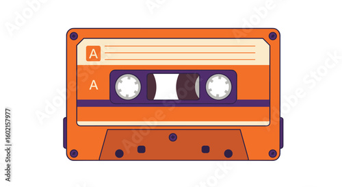 Vintage audio cassette in flat style with orange and purple accents