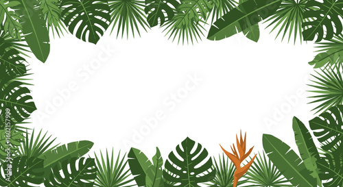 Tropical jungle frame with lush green leaves and exotic foliage