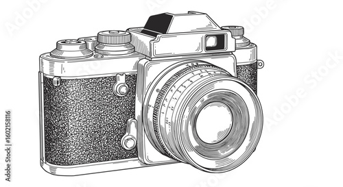Detailed retro camera sketched design with textured lens