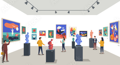 Contemporary art gallery with visitors viewing modern abstract paintin