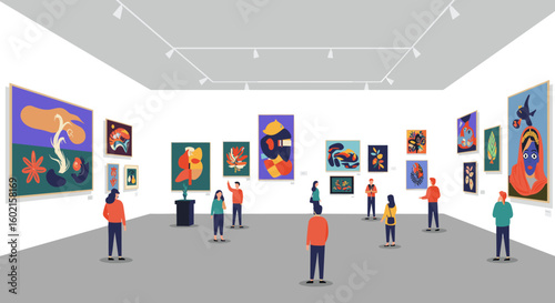 Contemporary art gallery with visitors viewing colorful modern paintin