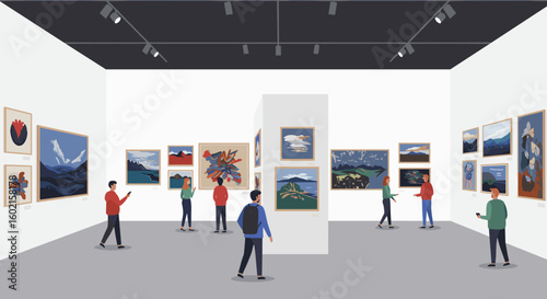 Contemporary art museum exhibition with visitors observing modern pain