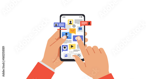 Smartphone interaction with messaging and social media icons in flat s
