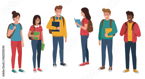 Diverse group of students with backpacks and books in casual outfits o